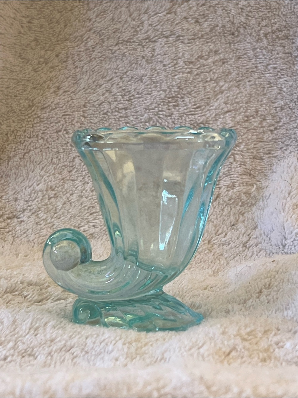 3” Imperial cornucopia toothpick holder light blue glass
